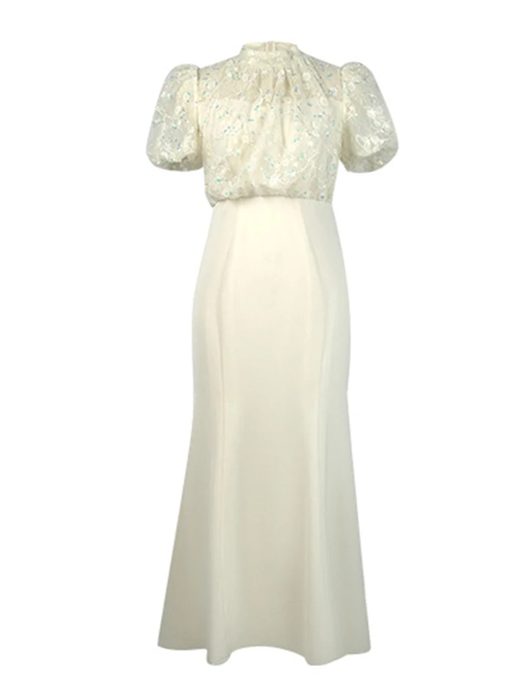 Elegant Style Long Date Dress Women Sweet Gentle Sheer Lace Spliced Sequins High Waist Fishtail Robe Female Party Vestidos Mujer