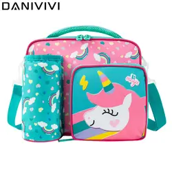 Bolsa de almuerzo con aislamiento de unicornio para niños y niñas, bolsa de mano con correa ajustable para el hombro, Asa duradera, bolsillo para botella