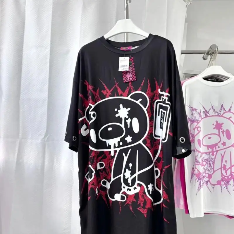 Y2K Japanisches, dunkles, übergroßes Subkultur-T-Shirt mit kurzen Ärmeln, rot-schwarz, kontrastierende Farben, Cartoon-Print, Rundhalsausschnitt, Gothic-Oberteil – Detail 2