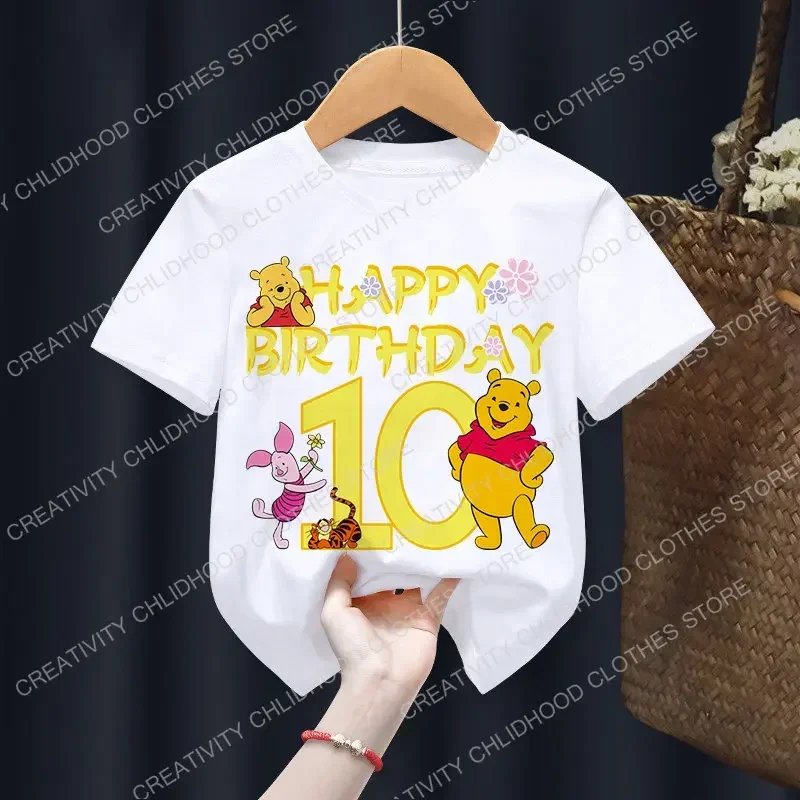 Winnie The Pooh Children T-Shirt Birthday Number 1-12 Cartoon Boy Girl Clothes Kid Kawaii Anime Tee Shirt Little Baby Casual Top