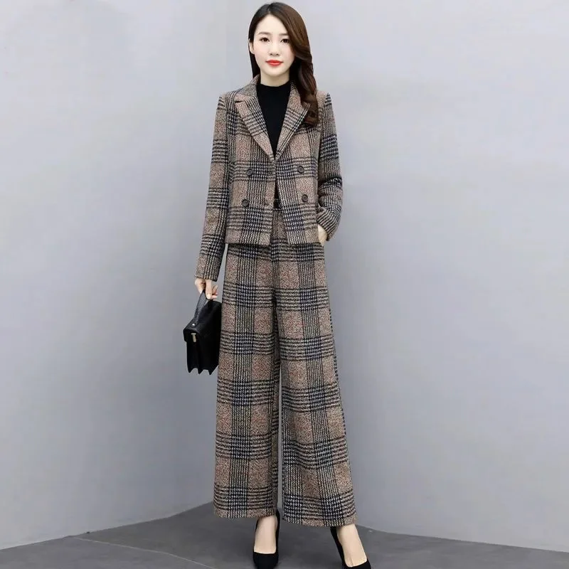 

Woolen Blazer Two Piece Set For Women 2025 New Autumn Winter Female Wool Blazer Coat+Woolen Wide leg Pants 2 Piece Set Work 2PCS