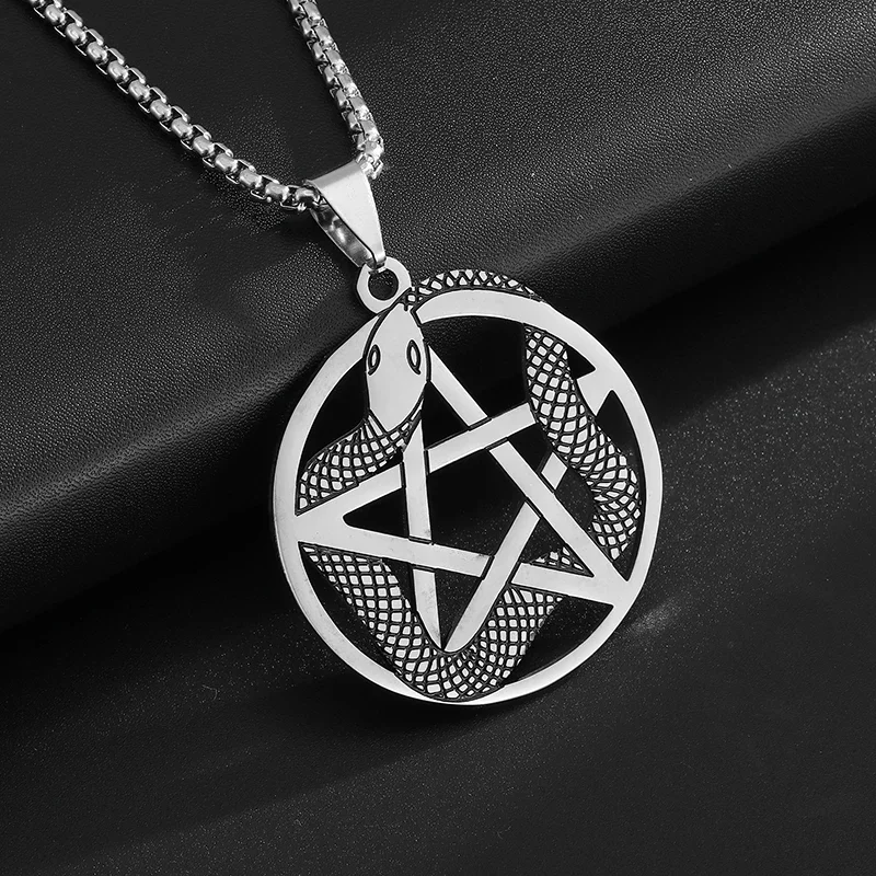 Stainless Steel Poisonous Python Coiled Witchcraft Pentagram Pendant Necklace for Men Women Punk Jewelry Gift