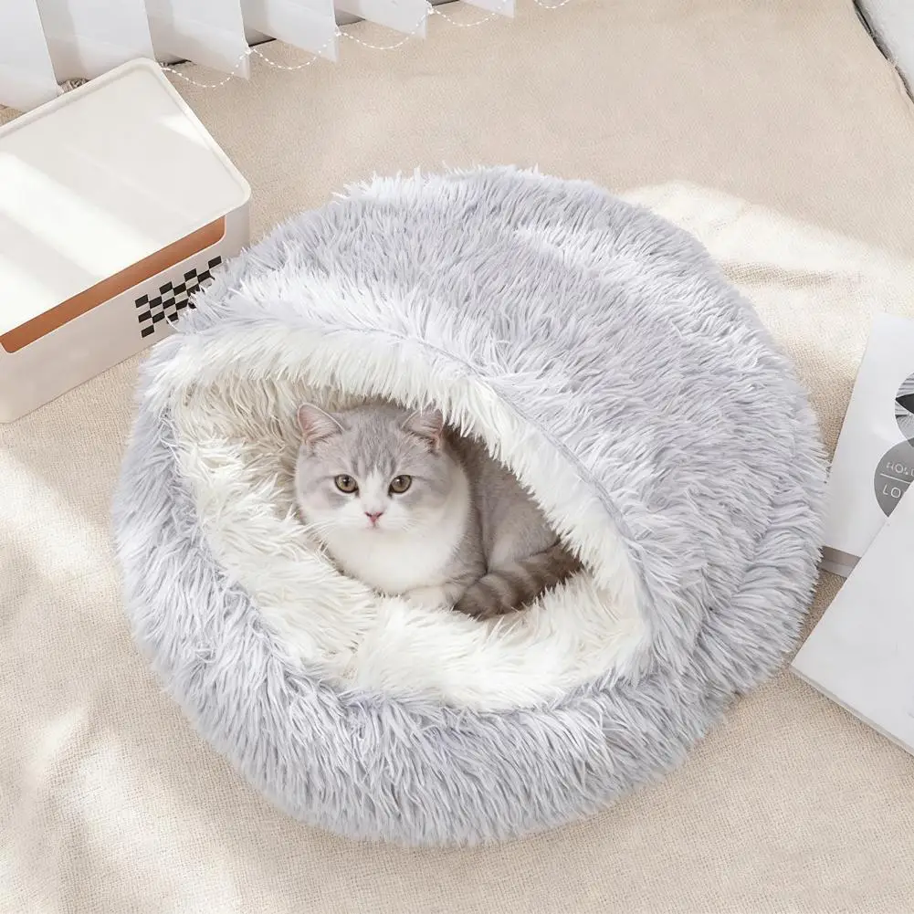 Flattenable Cat Bed Cat Nest Bed Cozy Semi-enclosed Cat Cave Bed with Hooded Cover Plush Lined Pet Shell Nest