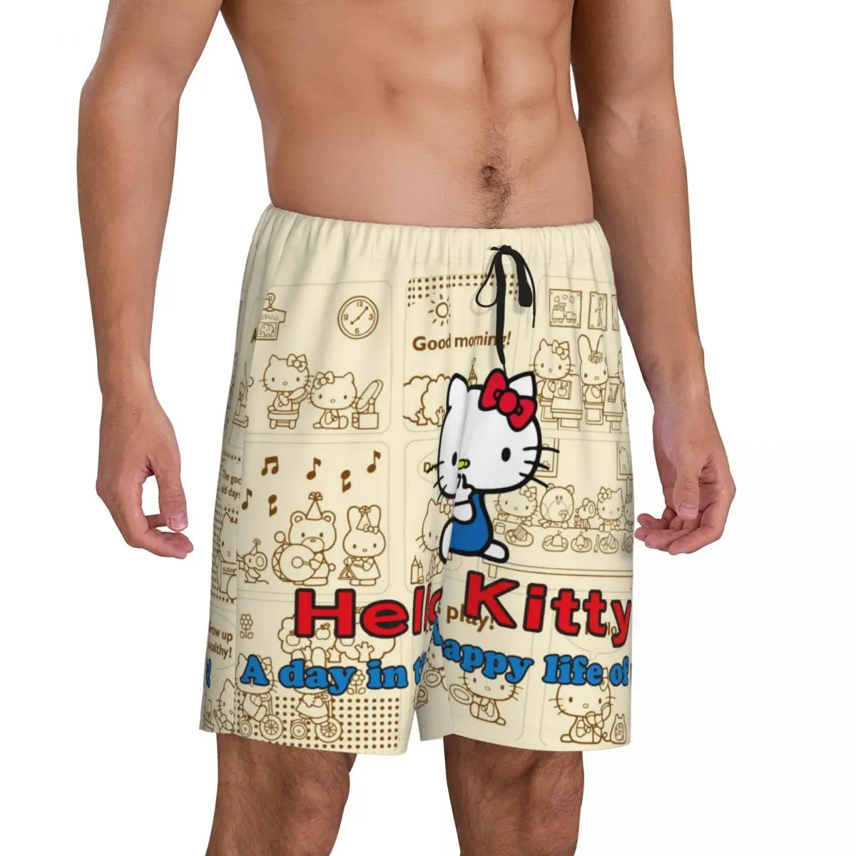 Anime Hello Kitty Bow pijama Shorts dos homens, pijamas, Bottoms Sleep Short Pjs com bolsos, desenhos animados impressos personalizados, Anime