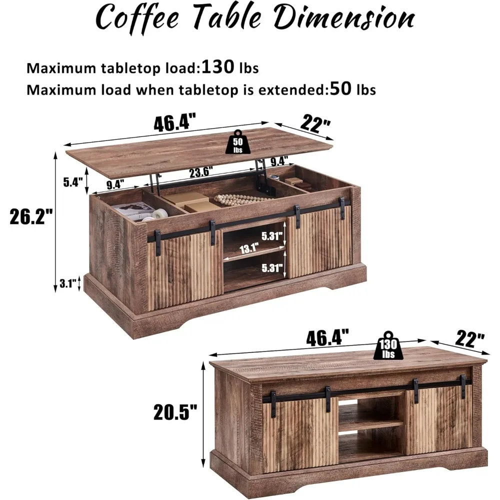 46" Fluted Lift Top Coffee Table with Sliding Door, Modern Center Table w/Adjustable Storage Shelf & Hidden Compartment, Coffee
