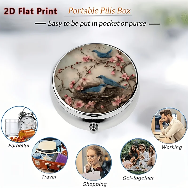 1 Piece of Vintage Flower and Bird Themed Illustration Design with Peach Blossoms and Blue Birds, Round 3-Compartment Mini Flip-Top Distribution Box, Portable Multifunctional Storage Box, Suitable for Family Travel, Portable Storage Container - a Great Holiday Gift for Friends and Family view 4