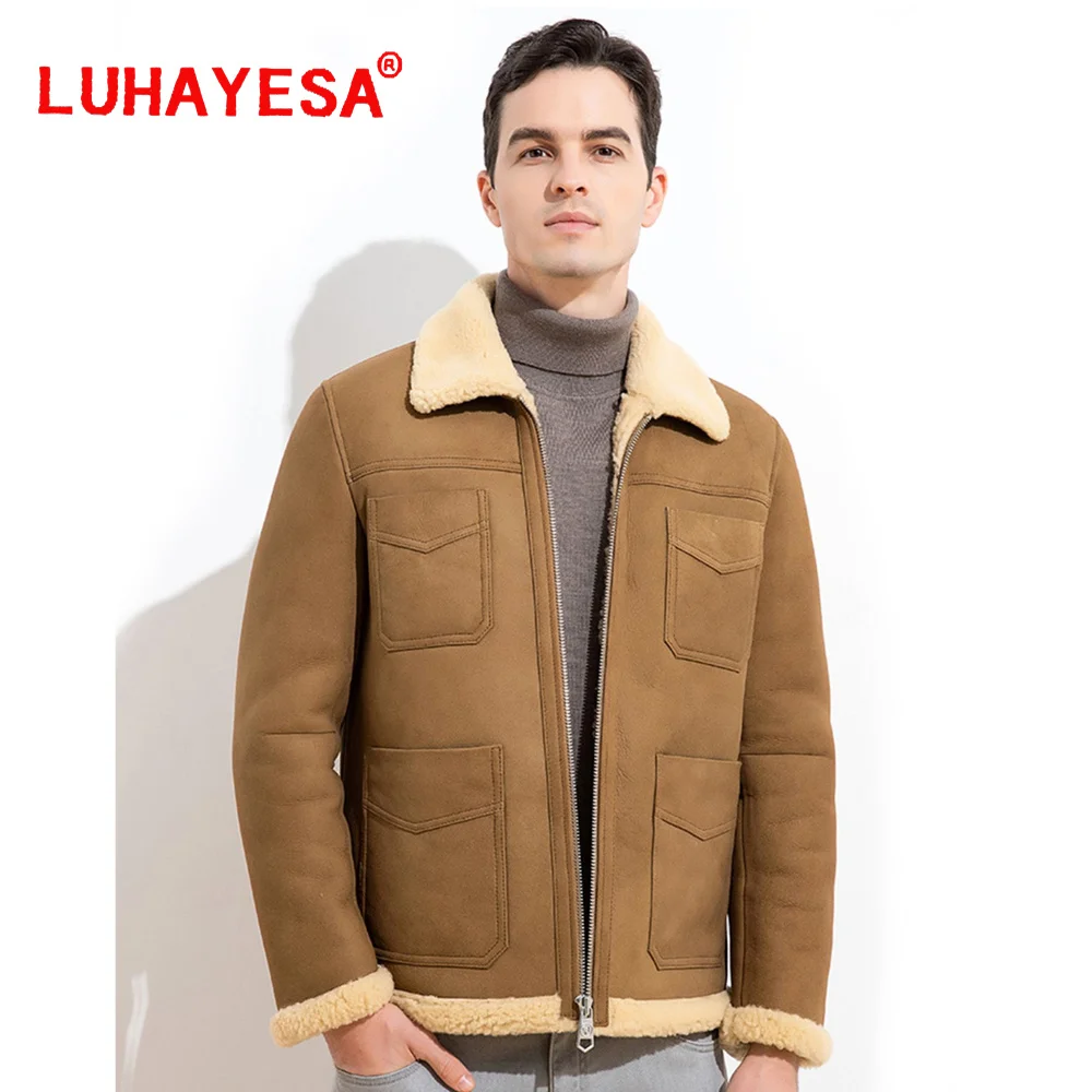 

2022 LUHAYESA New Fashion Men Casual Sheepskin Shearling Fur Clothes Brown Slim Formal Businessmen Genuine Leather Suede Coat