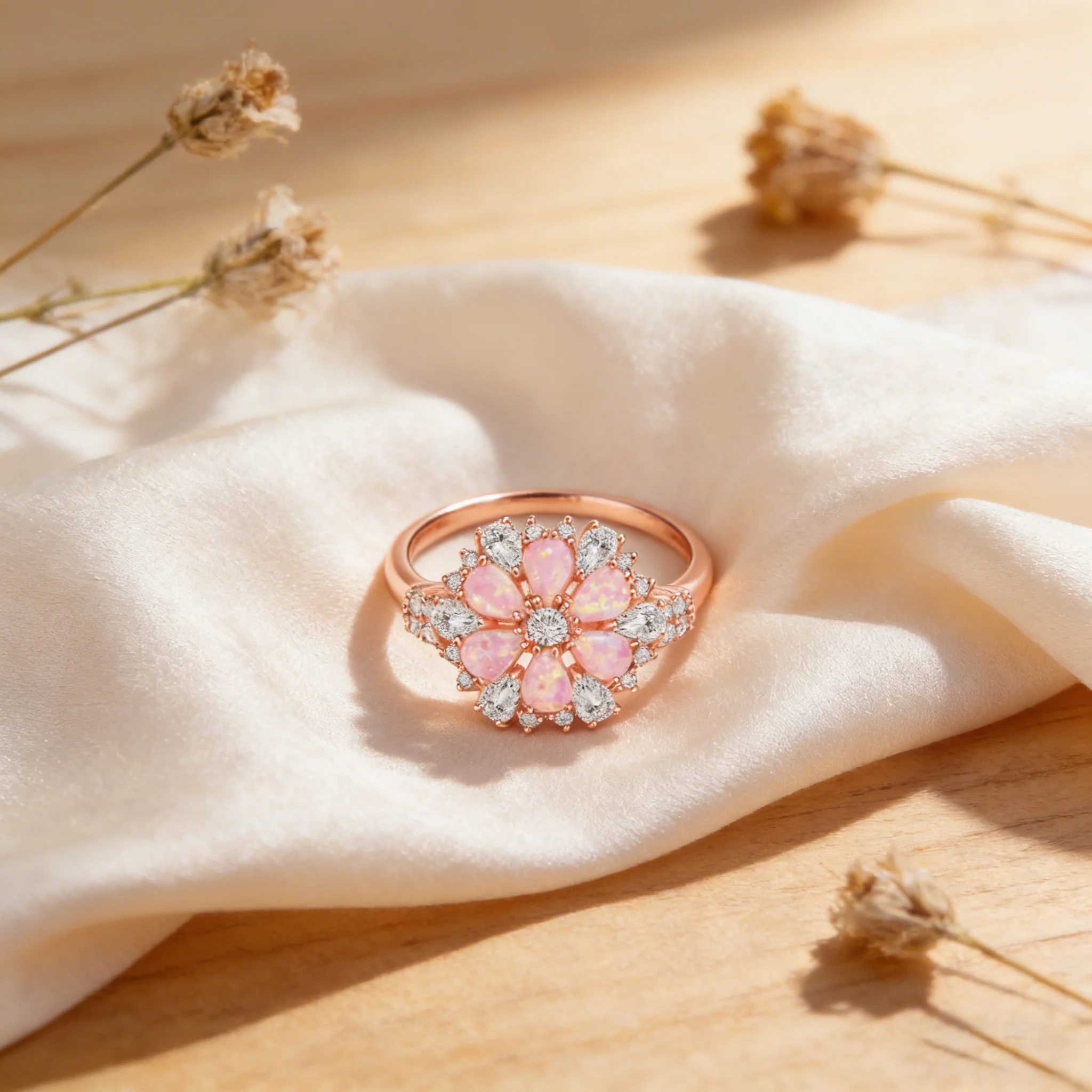 Luxury Flower Pink Opal Cubic Zirconia Ring for Women Rose Gold Plated Wedding Band Best Gift for Girls