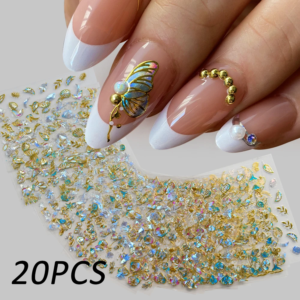 20 Sheets Spring Flower Nail Sticker 3D Self-Adhesive Colorful Gold Blue Butterfly Nail Decal Slider Bronzing Decoration Y2K