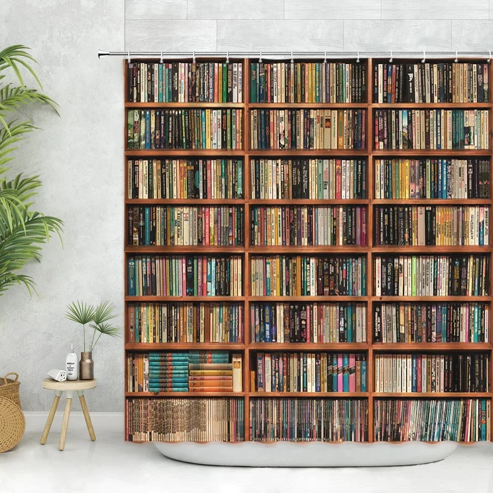 Modern Life Shower Curtains with Hooks Bookshelf Full of Books Pattern Bath Curtain Printed Washable Bathroom Decoration Set