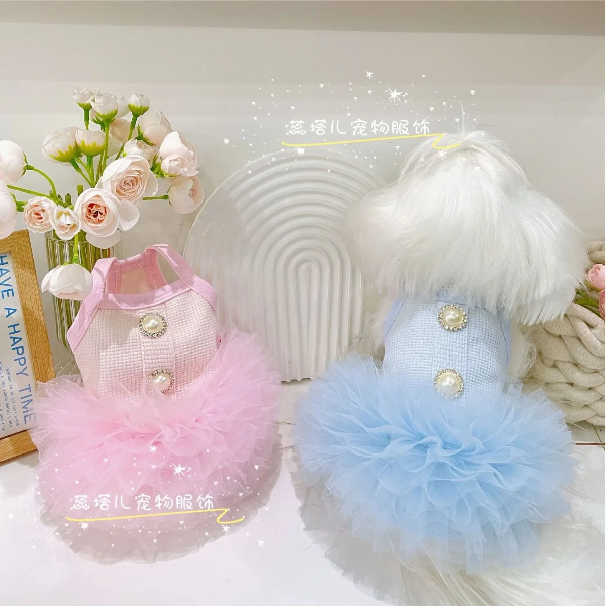 

Pure Cotton Pink Blue Pet Dog Clothes Fashion Simple Lace Sling Tutu Dresses For Small Medium Dog Summer Puppy Overalls Skirts