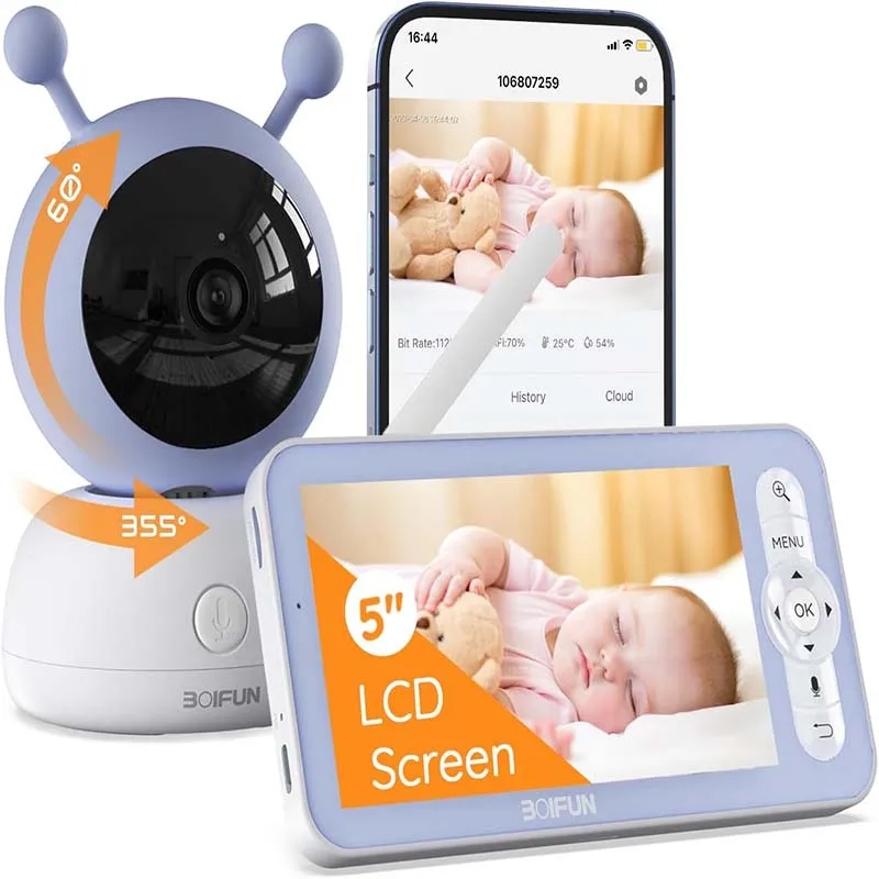 BOIFUN 2K 5'' Screen Control Wifi Video Baby Monitor Camera, ,Two-Way Talk, Motion&Crying Detection, Auto Tracking, Night Vision