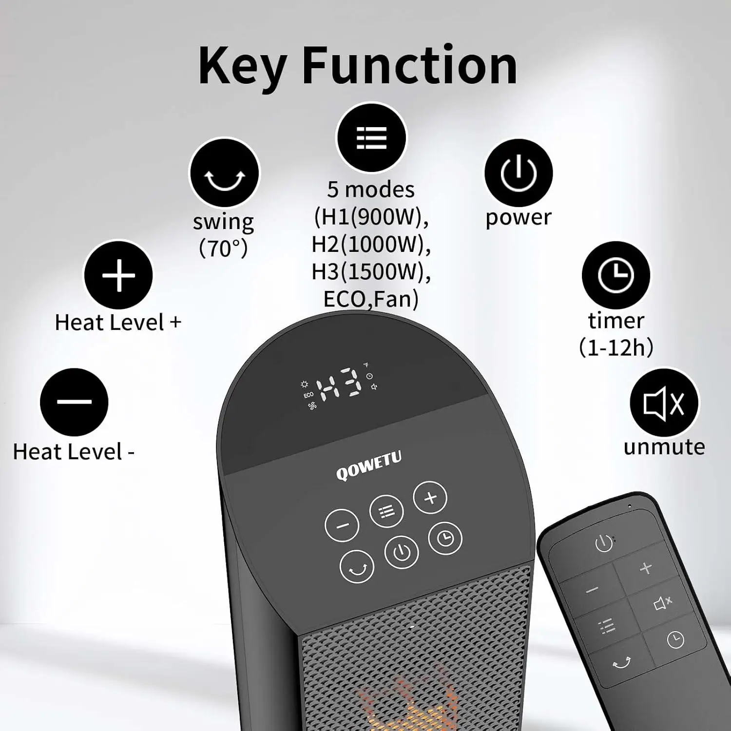 Space Heater for Indoor Use with Remote - 70° Oscillating Tower Electric Heater, 24 Inchs, 12H Timer, 1500W Quiet PTC Ceramic