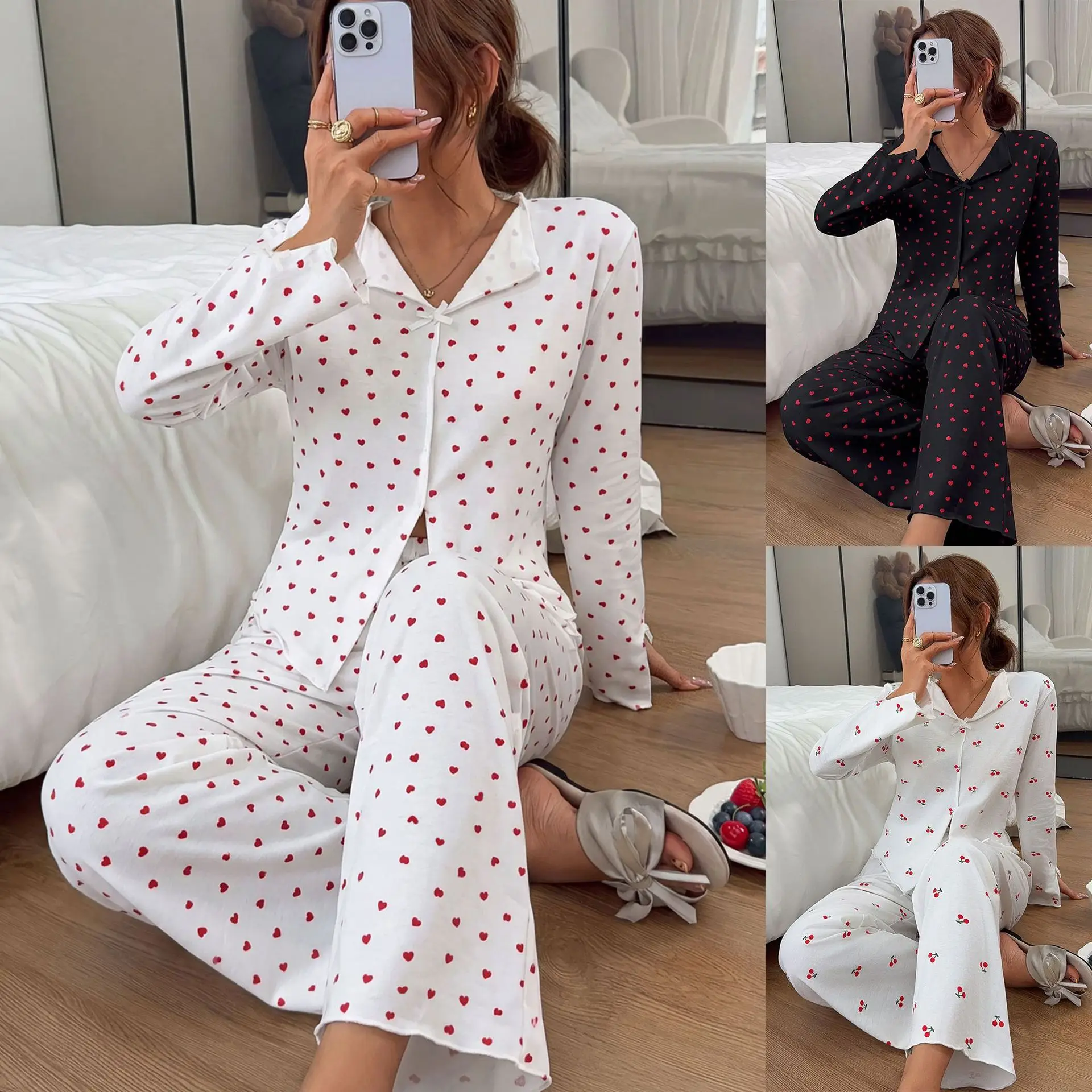 American-Style Spring and Autumn Cotton Pajamas with a Small Lapel, Heart Print, Bow, Long Sleeves, And Long Pants Lounge Set