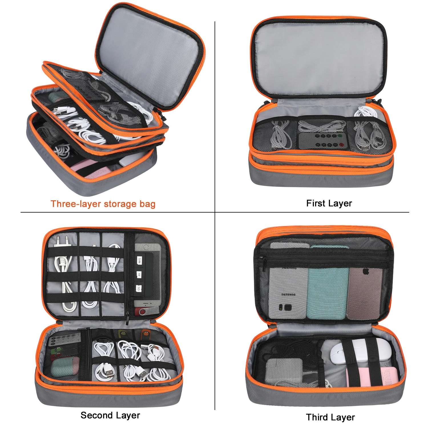 Three Layers Organizer Bag, Large Capacity Game Electronics Accessories Case Bag for Cables, SD Card, Power Bank, Tablet 11’’