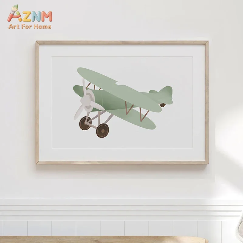 AZNM Sage Green Transport Canvas Wall Art Hot Air Balloon Plane Train Rocket Sailboat Car Scooter Print Unframed Canvas Painting