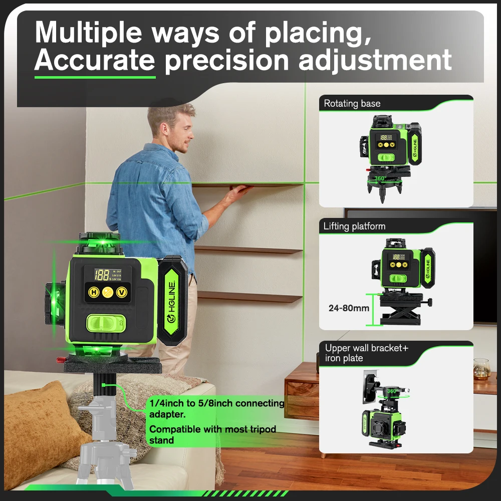 HGLINE 4D Green Laser Level 16 Lines Rotatable Level Machine Rechargeable 360 Automatic leveling Tool With APP Remote Control