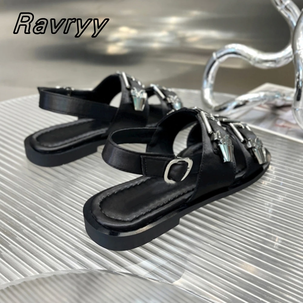 Genuine Leather Square Open Toe Punk Style Sandals Silk Metal Belt Buckle Strap Cool Girl Shoes Summer New Fashion Hollow Shoes