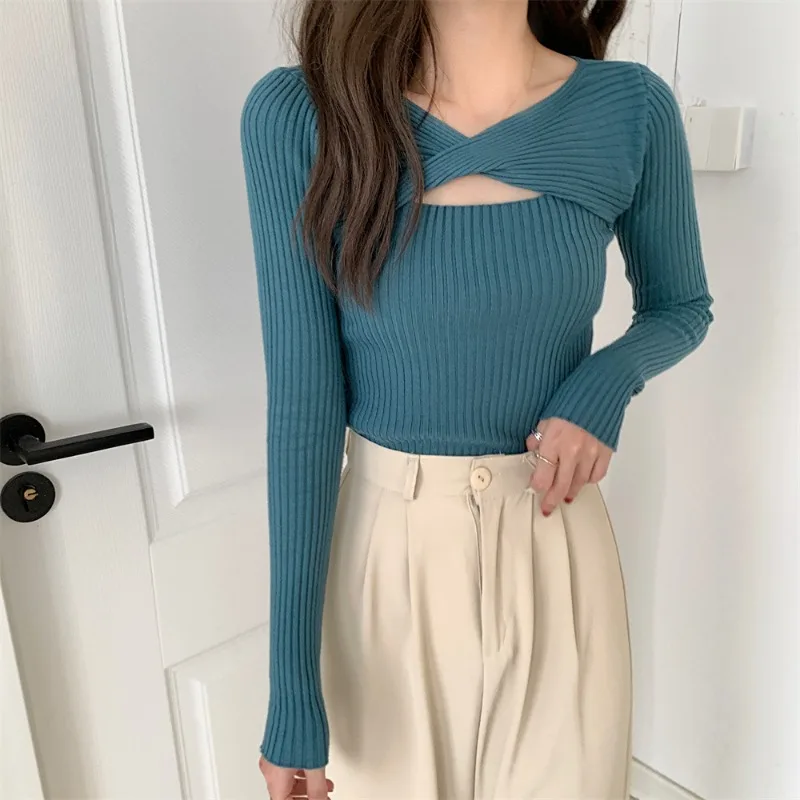 YTJHRG Women Pullover Knitted Sweater V-Neck Autumn Long Sleeve Slim Elastic Korean Simple Jumper Solid Color Tops 2024 Fashion