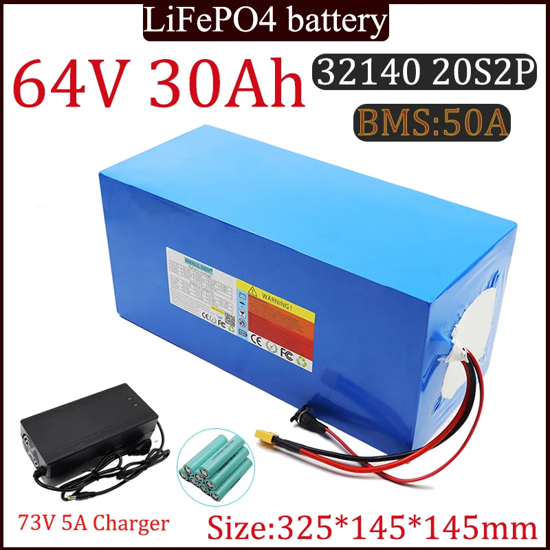 New 64V 30Ah 32140 20S2P Lifepo4 battery Solar Rechargeable pack Battery Built in 50A BMS 0-3200W Motor Large Capacity+ Charger