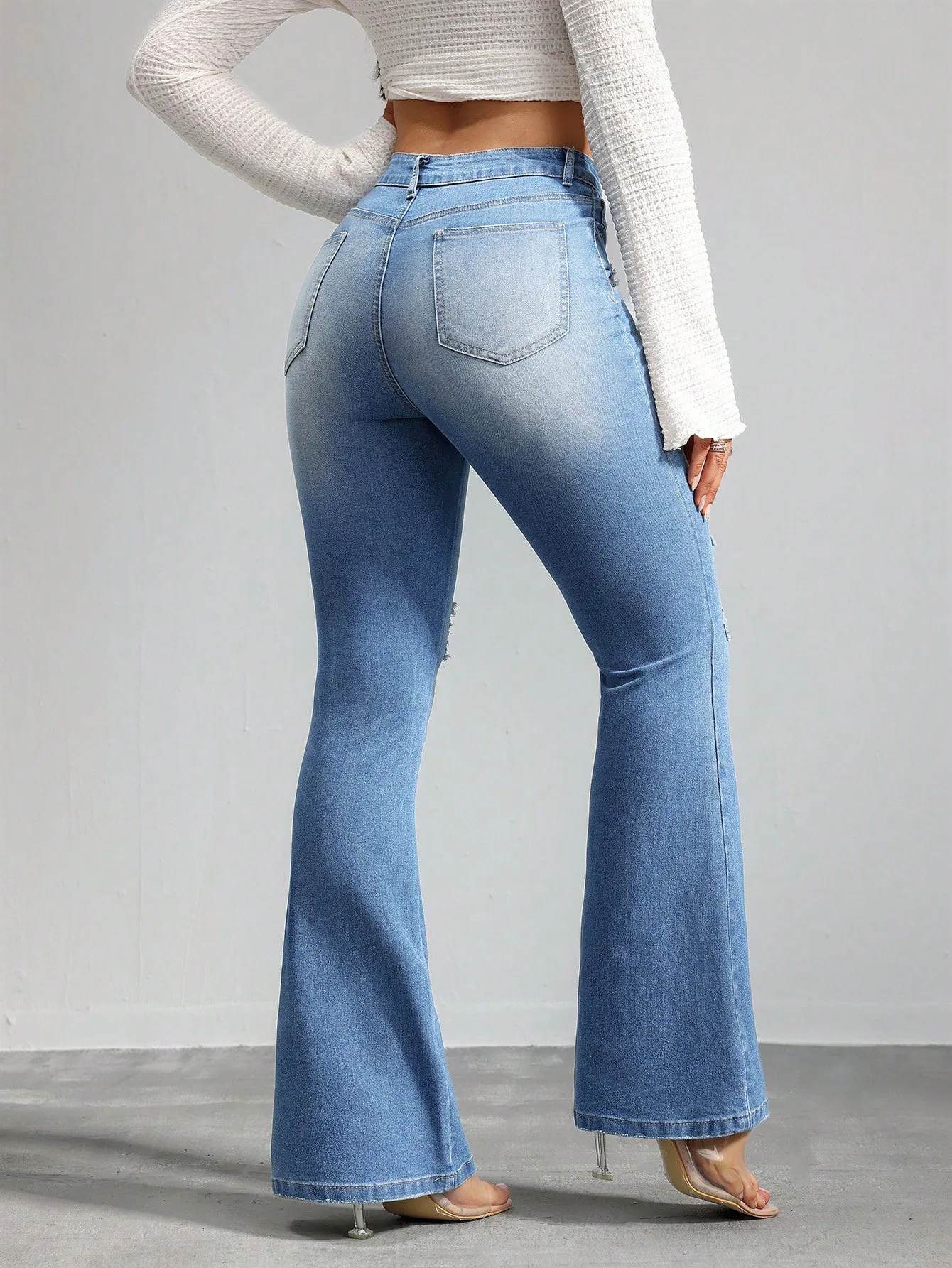 High-Waisted Elastic Long Pants Women's Jeans with Cuffed Hem And Hole Details Casual Trousers for Ladies pantalones de mujer