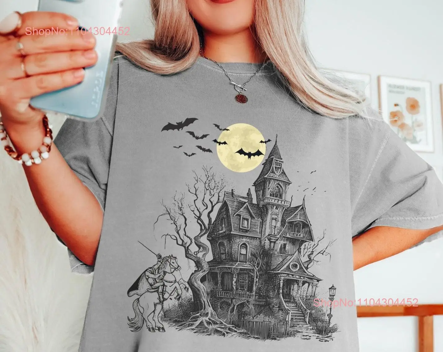 Haunted House T Shirt Witch For Halloween Spooky Season Ghost Crewneck Sleepy Hollow Headless Horseman Vintage