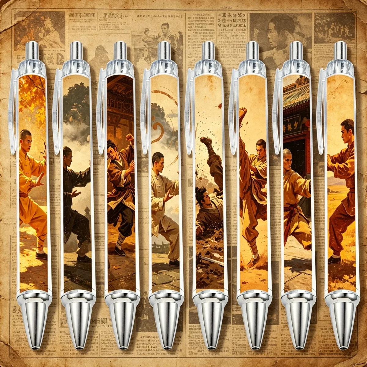 8/13 PCS Chinese-style martial arts figure ballpoint pens. Patterns are random.