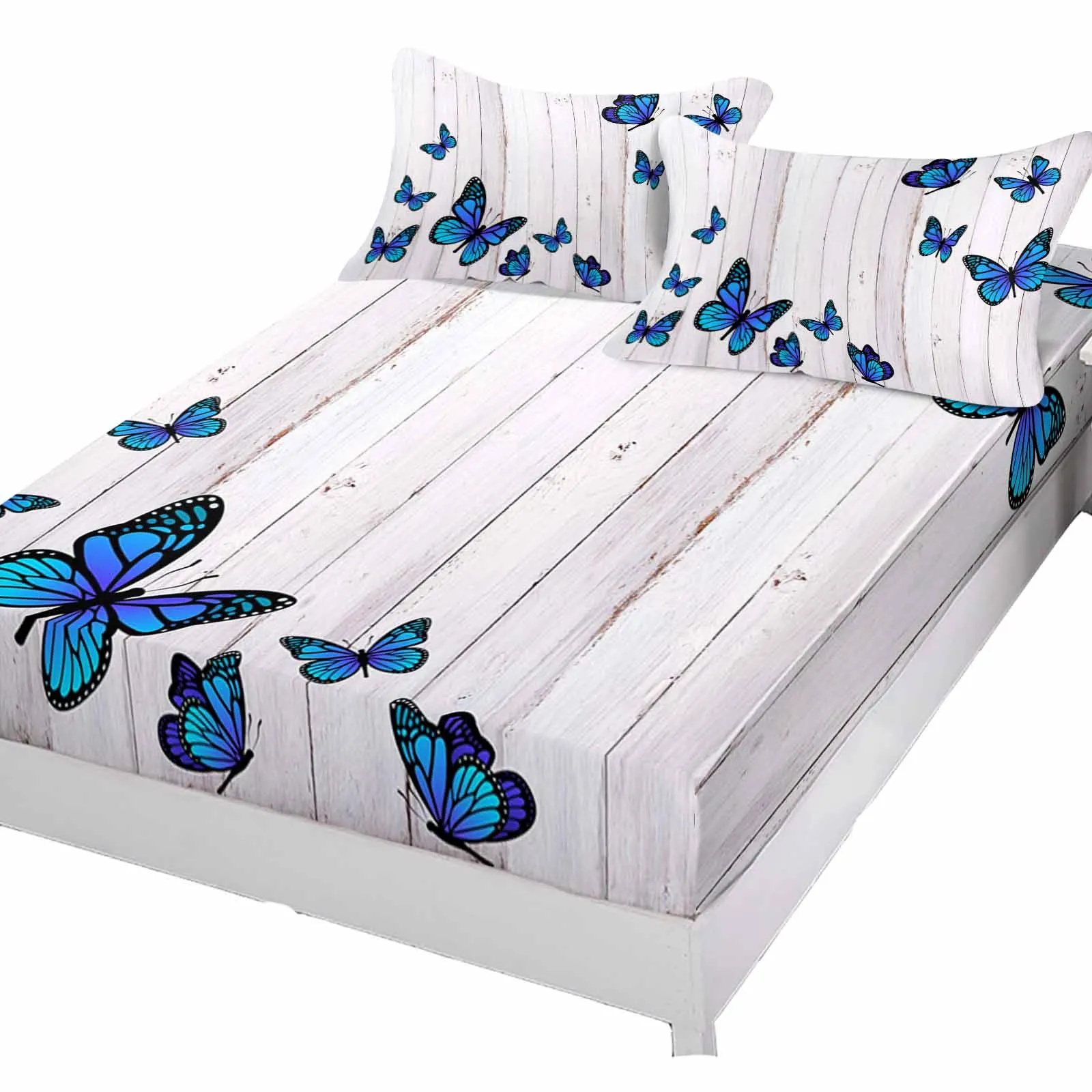 Wood Grain Retro Blue Butterfly Fitted Bed Sheet Cover Elastic Band Anti-slip Mattress Protector for Single Double King