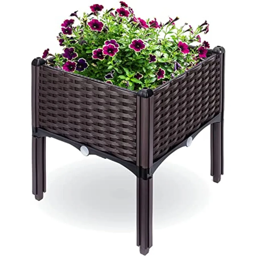 

Raised Garden Planter, Resin, Elevated Flower Bed Box Kit for Vegetable, Flower, Herb Gardening 16" X 18", Wicker Pattern, Brow
