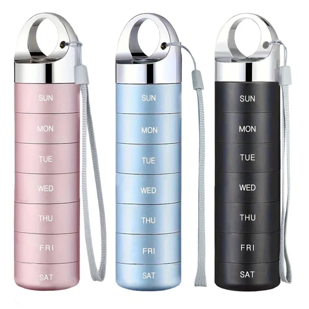 

Portable 7-Day Weekly Pill Organizer Waterproof Aluminium Alloy Pill Box with Keychain Metal Travel Pill Case for Easy Storage