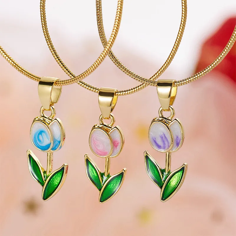 Vintage elegante Emaille-Halskette mit Tulpenblüten-Anhänger für Damen, modische Accessoires für junge Persönlichkeiten, Schlüsselbeinkette, Choker. – Detail 3