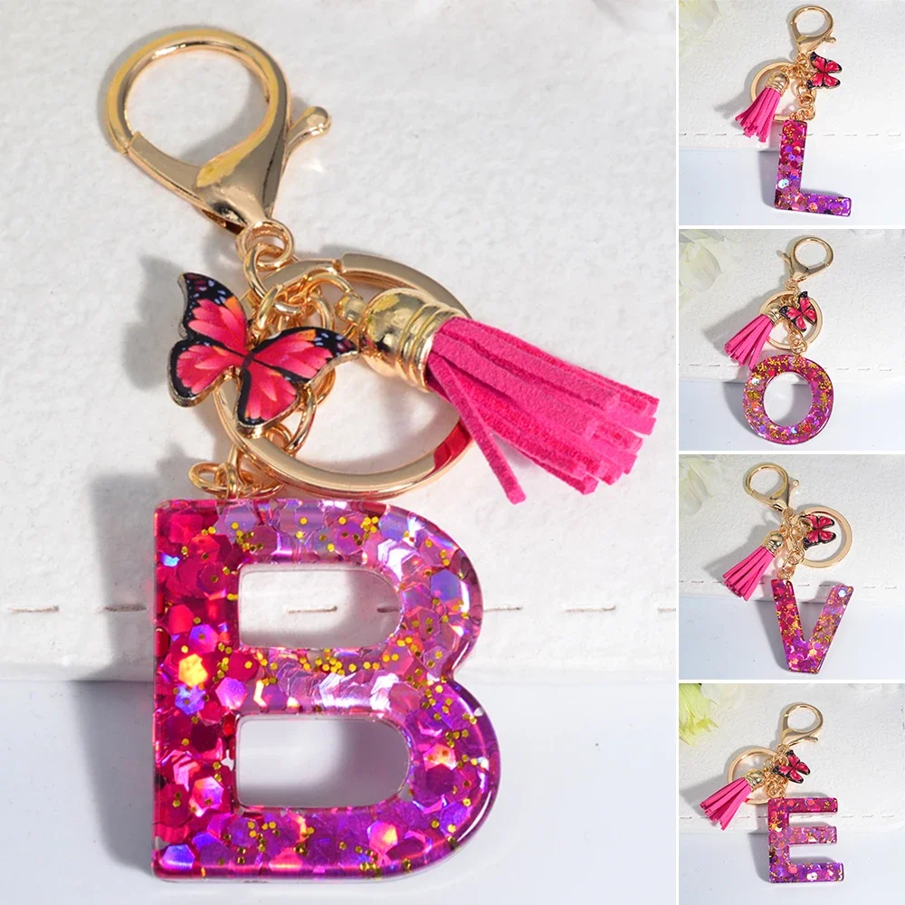 26 Initial Pink Shiny Sequin Resin Keychain A to Z Letter Butterfly Tassel Pendant Keyring for Women Valentine's Day Gift