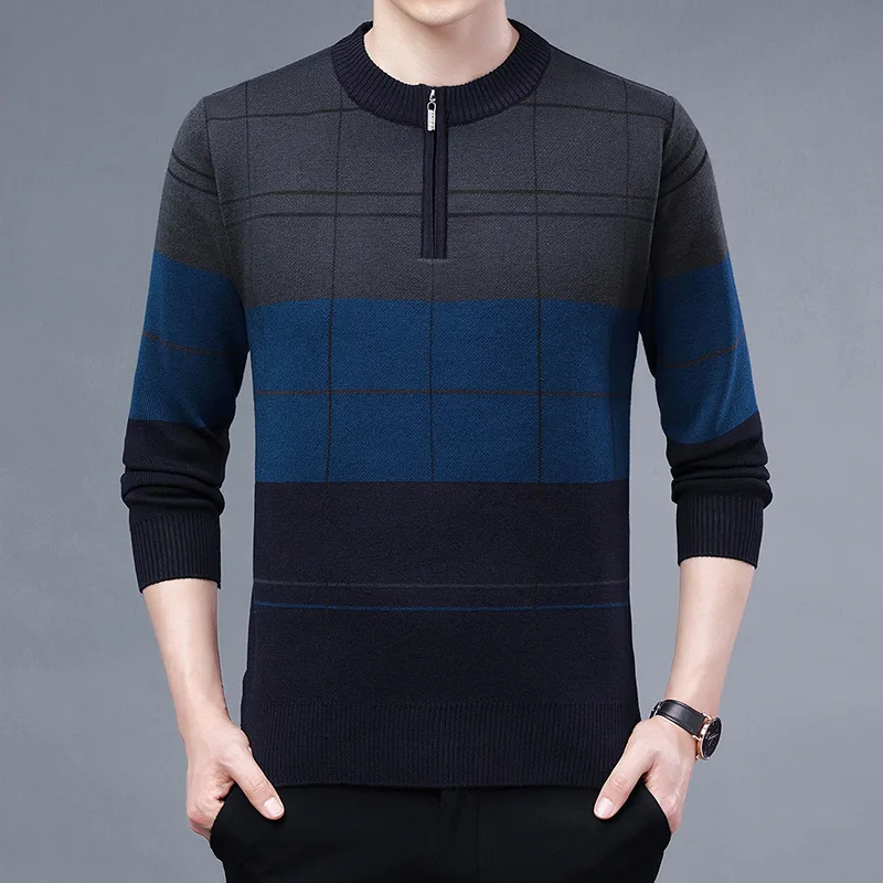 Men's Clothing Half-zip Round Neck Sweater Middle-aged Color Block Bottoming Shirt