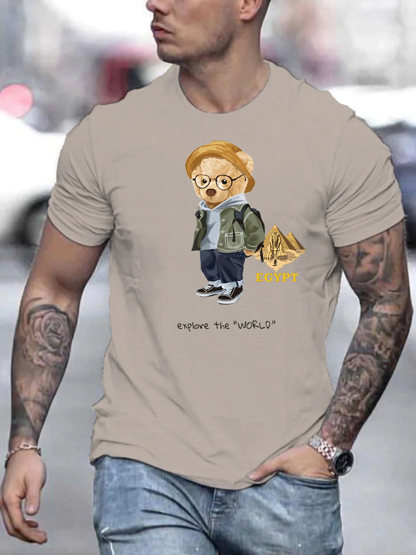 

100% pure cotton men's Cartoon travel bear printed fashionable casual loose sports round neck short sleeved T-shirt top