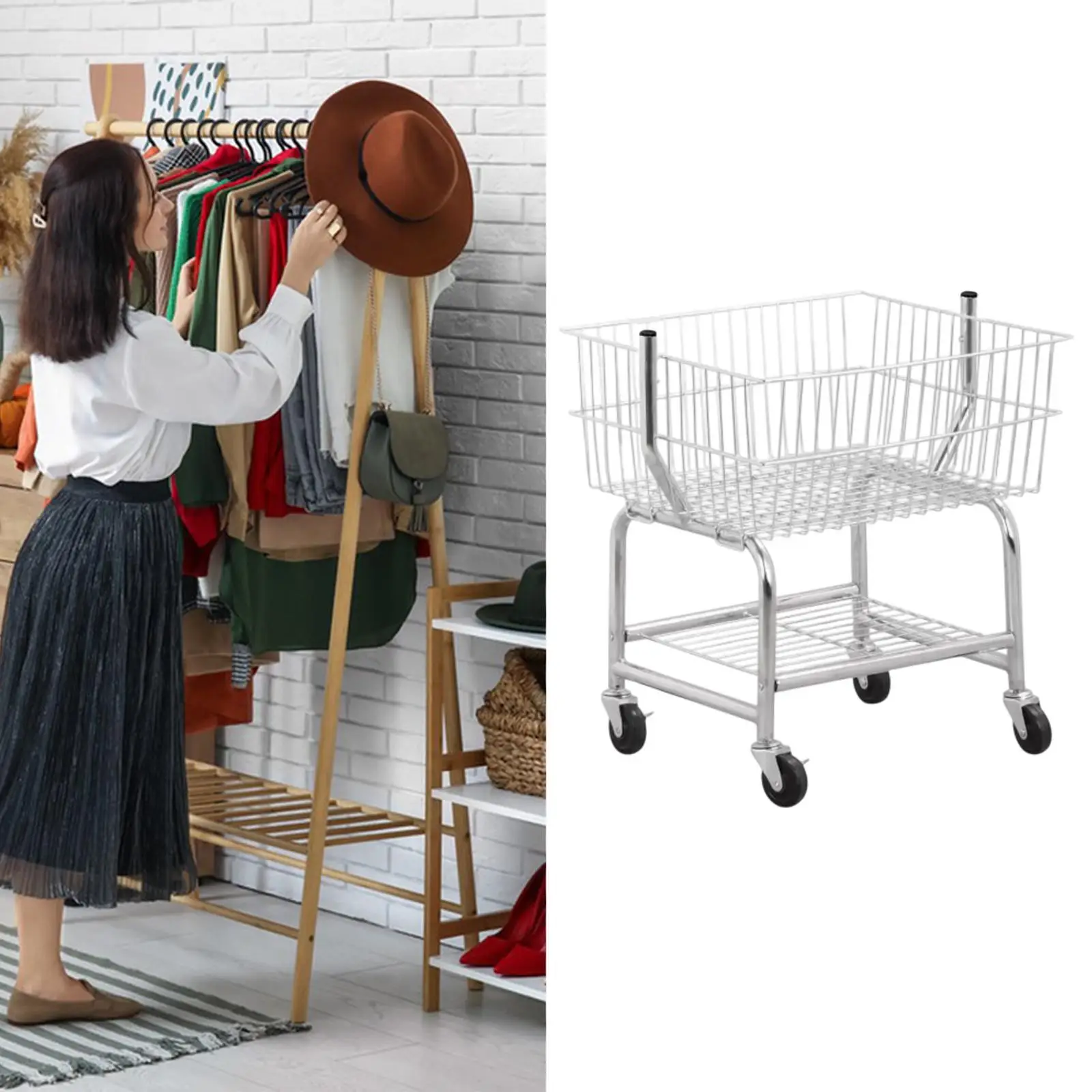 Silver Iron Laundry Basket Cart with Wheels Space Saving Organizer for Dirty Clothes in Home and Commercial Use