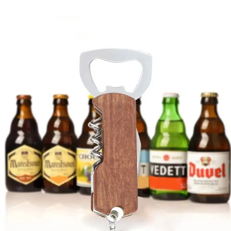 10 Pieces Multi-Functional Portable Beer Bottle Opener with Keychain Metal Beech Wood Wine Corkscrew Opener Can Opener Mens Gift