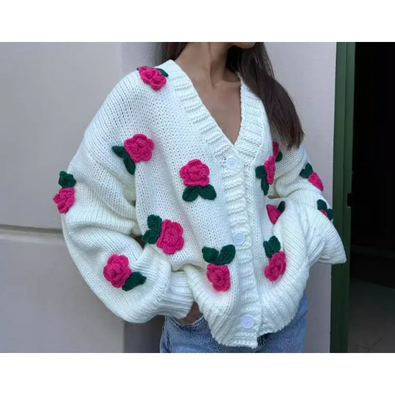 

3D Rose Blossom Knitted Cardigan for Women's Clothing Temperament Commuting Autumn & Winter Casual Handmade Crochet Sweater Coat