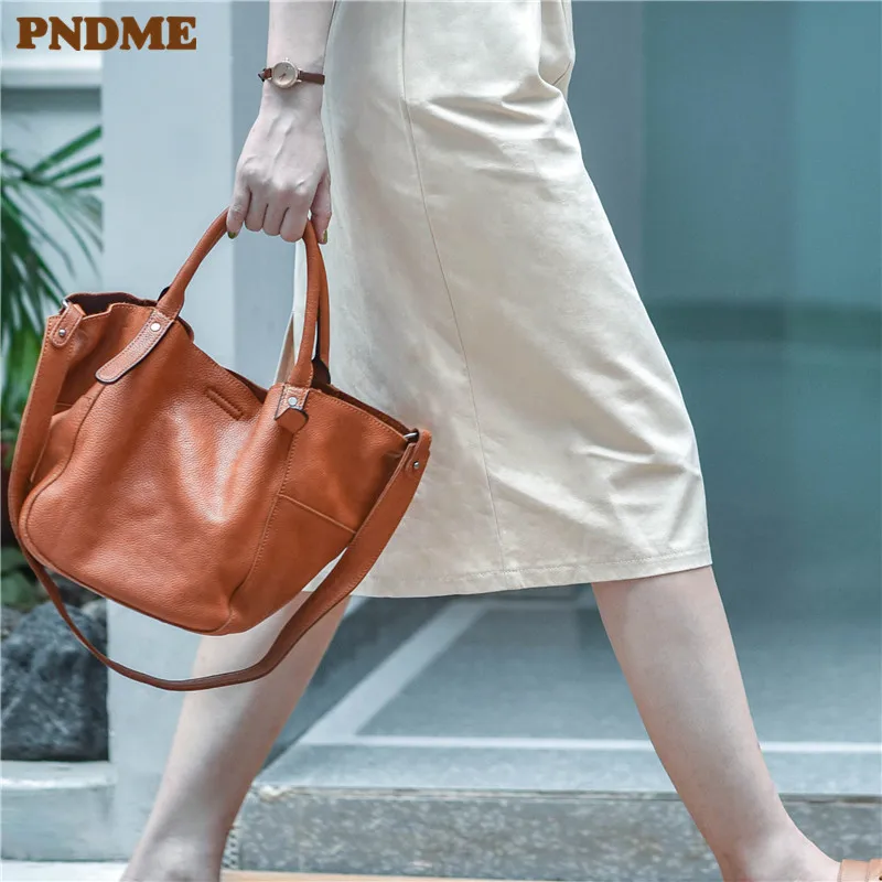 PNDME Fashion Designer Handmade Genuine Leather Ladies Small Tote Bag Casual Soft Real Cowhide Women\'s Multifunctional Handbag