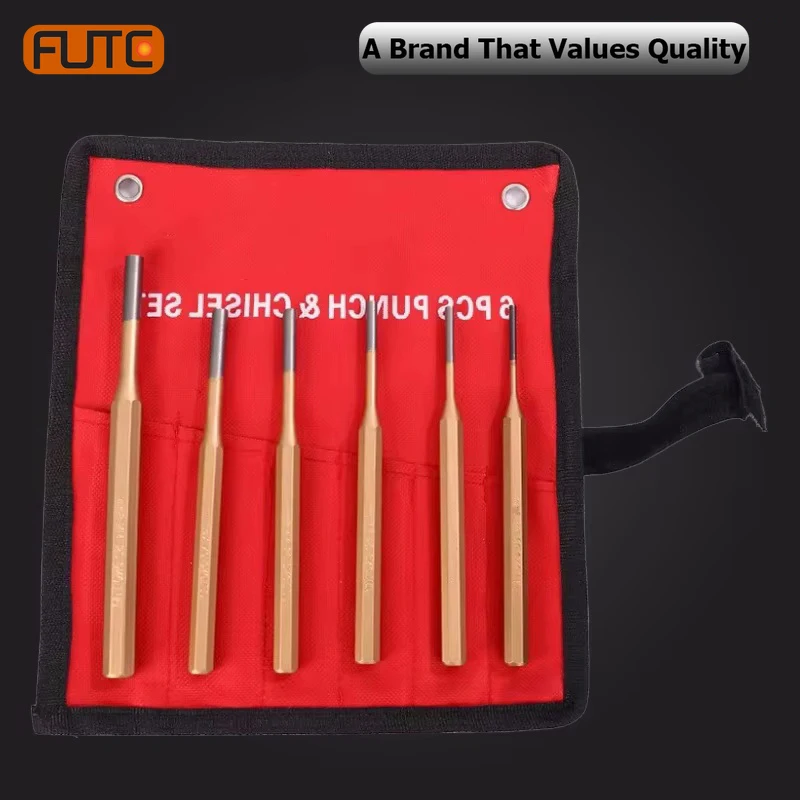 6PCS Punching Set 3-8/3-10mm Cylindrical Punch Set with Bag Flat Chisel Punching Chiseling Wood Chisel Set Carpenter Tools