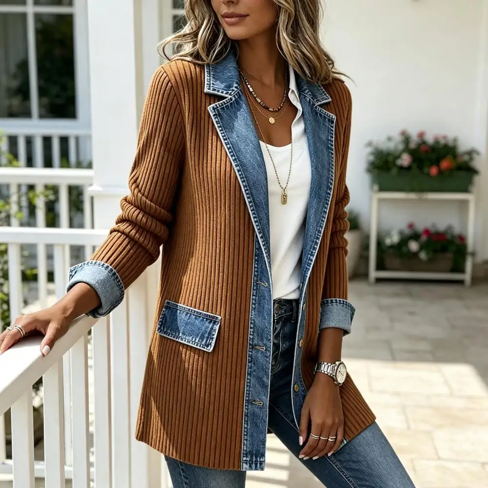 Women Denim Patchwork Jacket Fall Winter Collared Button Jacket Long Sleeve Patchwork Jean Blazer Coat for Daily Office Wear