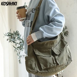 Japanese High-capacity Simple Shoulder Messenger Bags Casual Vintage Pocket Canvas Bag Grunge Y2k Women Solid Handbags Crossbody