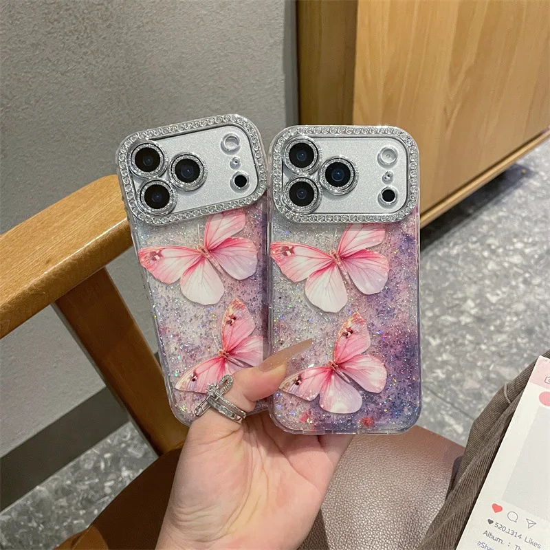 Luxuriöse Diamant-Pailletten-Rosa-Schmetterlings-Handyhülle für iPhone 17, 16, 15, 13, 14, Pro Max, glitzernde Linse, stoßfeste Schutzhülle