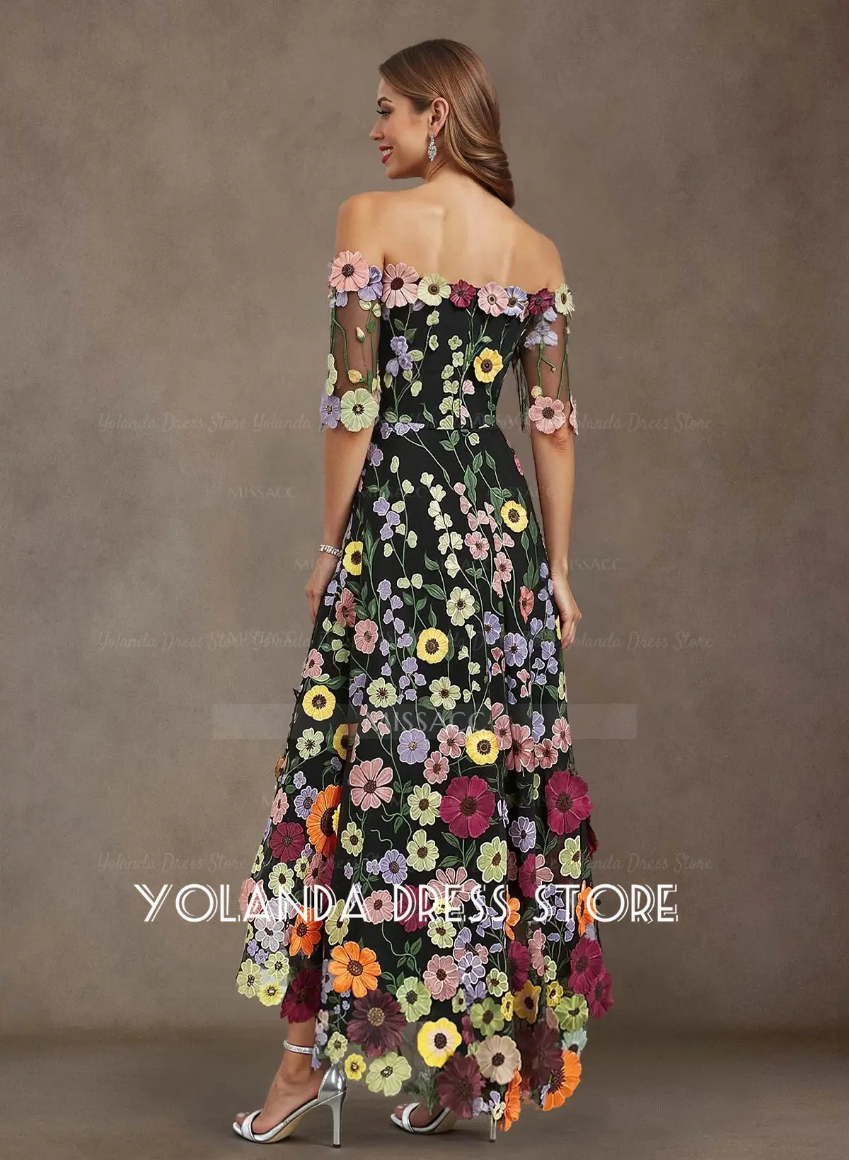 Yolanda Women's Wedding Party Attire Retro Off-the-shoulder Floral Applique Wedding Guest Dress High-low Evening Gown Customized