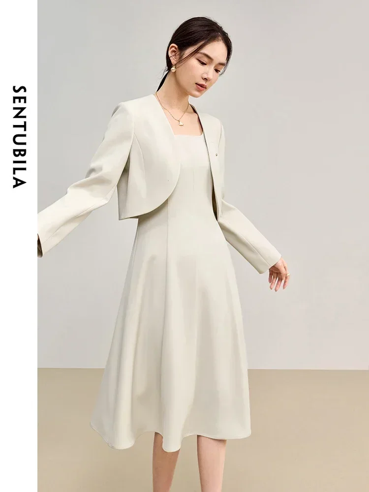 SENTUBILA femmes 2 pièces robe ensemble 2025 automne sans manches gilet a-ligne robe et veste courte bureau dame correspondant ensemble 143Z56089