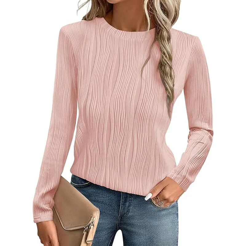 2024 women's autumn and winter new fashion casual commuting solid color round neck long sleeved T-shirt base shirt top