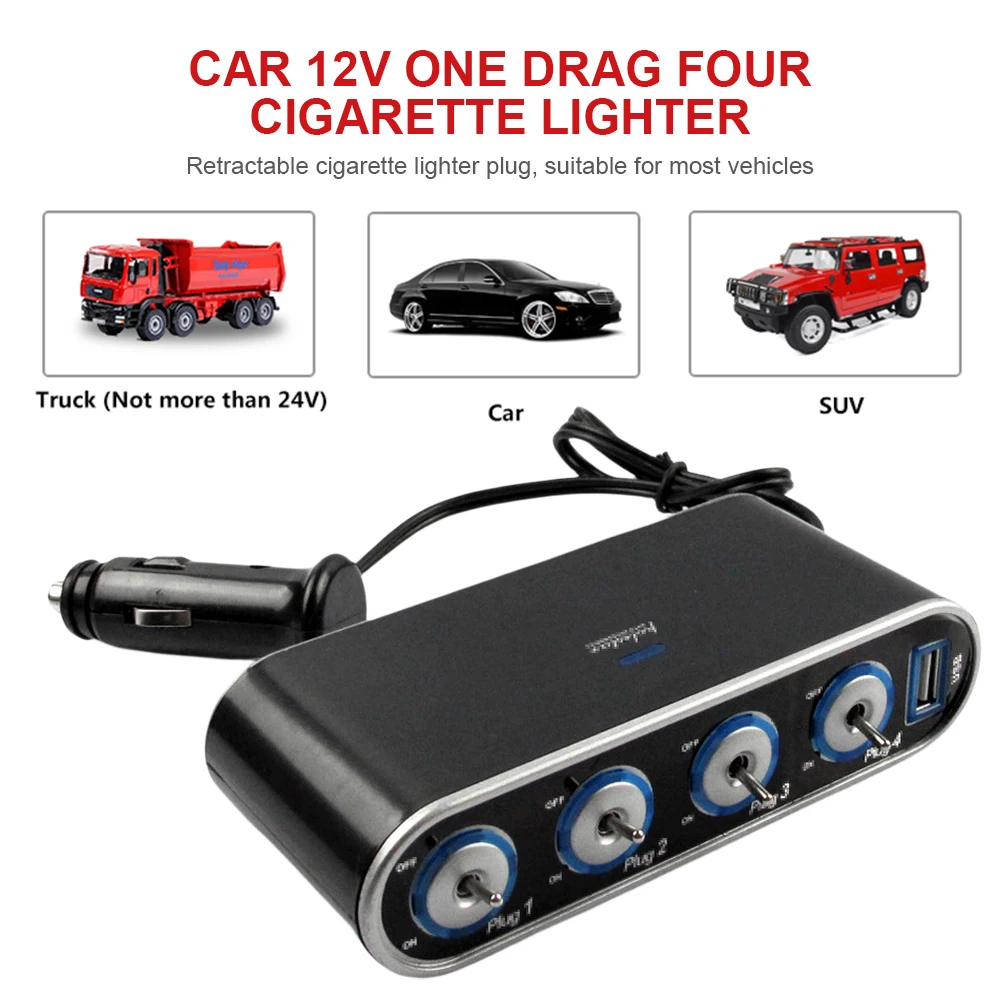 12/24V Car Cigarette Lighter Socket Splitter Plug 4 Way Car Charger USB Port Switch Adapter LED Light Power Socket Distributor