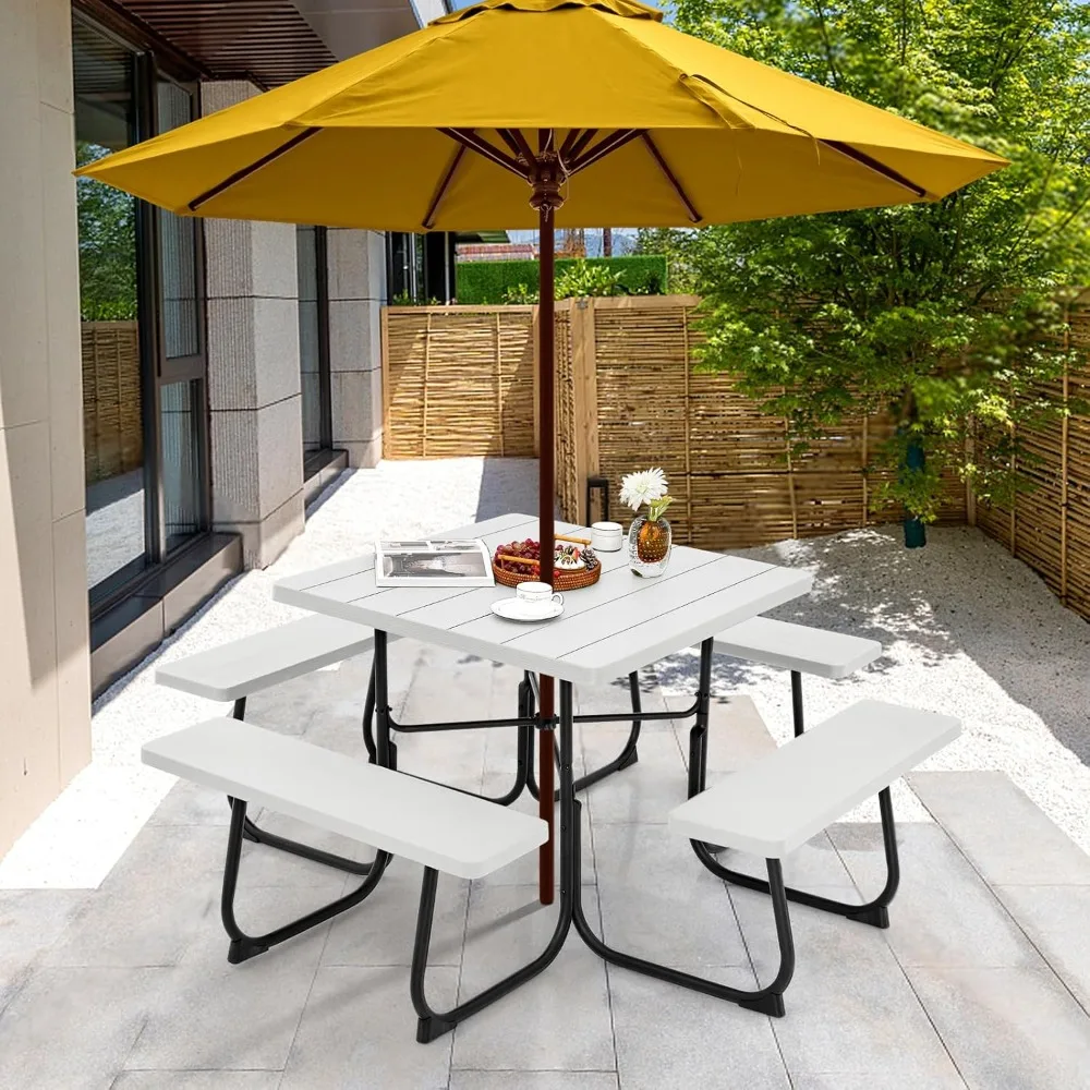 8 Person Picnic Table, Outdoor Square Picnic Table with 4 Built-in Benches, Umbrella Hole, Metal Frame, Outside Table