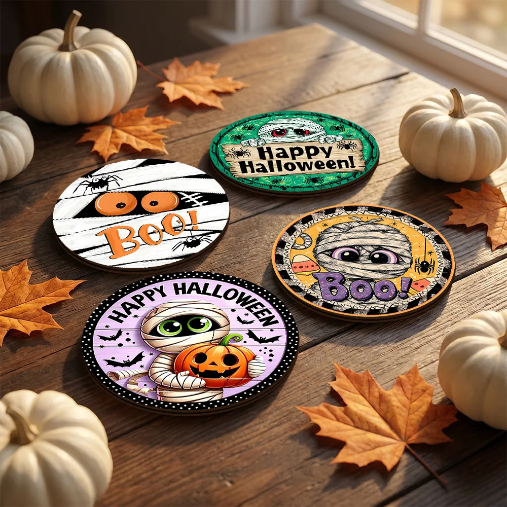 Halloween Cup Mat Set, Round Absorbent Card Mats, Spooky Face Mats for Coffee Table Home Decor Kitchen Moving, Perfect Halloween
