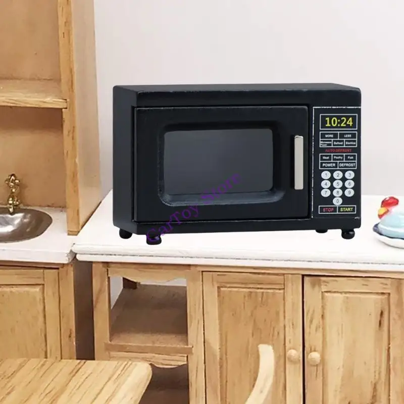 Detalle realista microondas madera en miniatura para cocina modelo a escala 1/12
