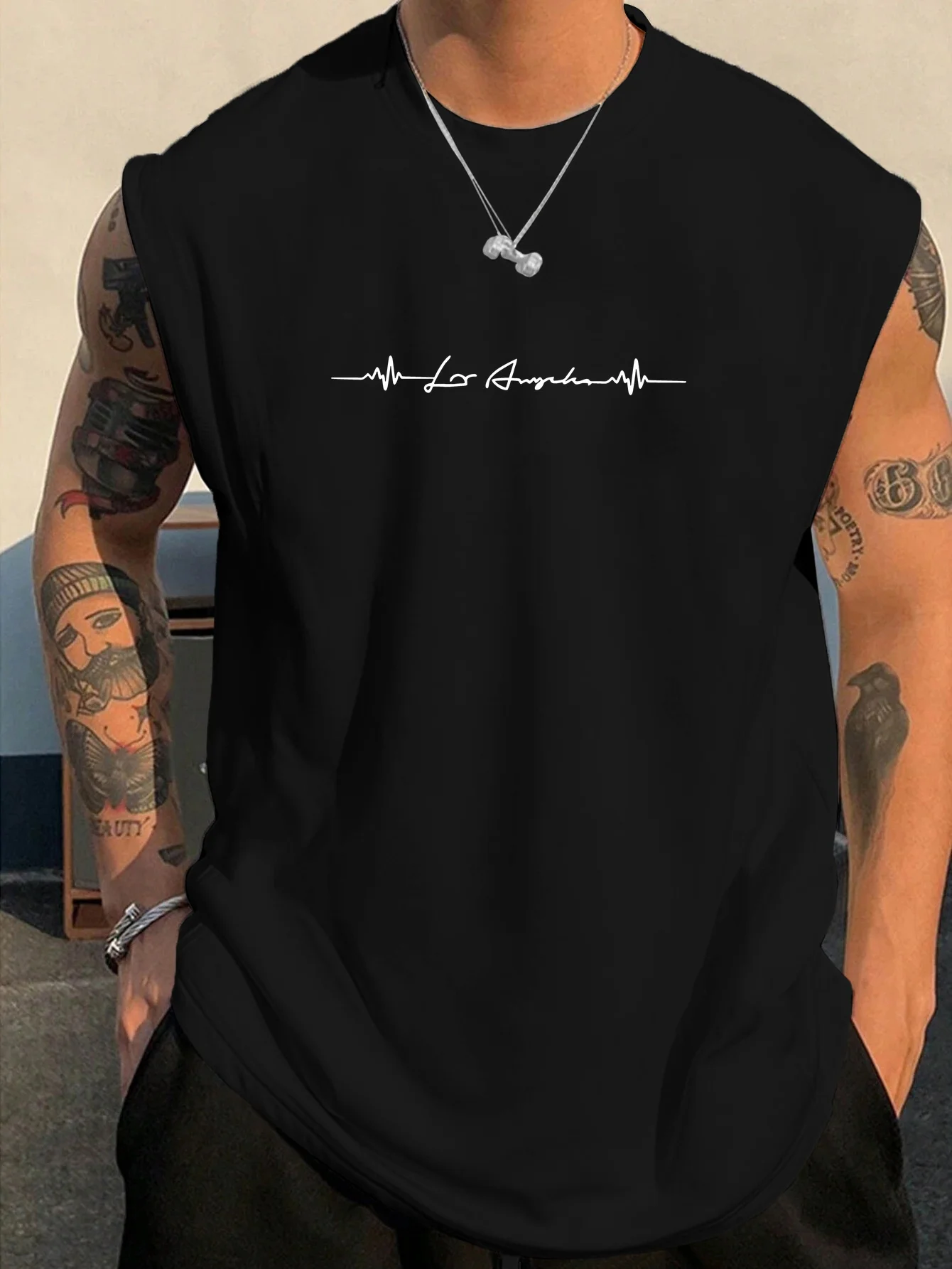 100% Pure Cotton Summer Men's Fashionable Casual Loose Heartbeat and Los Angeles Same Frequency Printed Fitness Sleeveless Vest